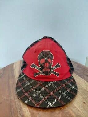 Red & Black Plaid Skull & Crossbones Grunge Emo Hat OS